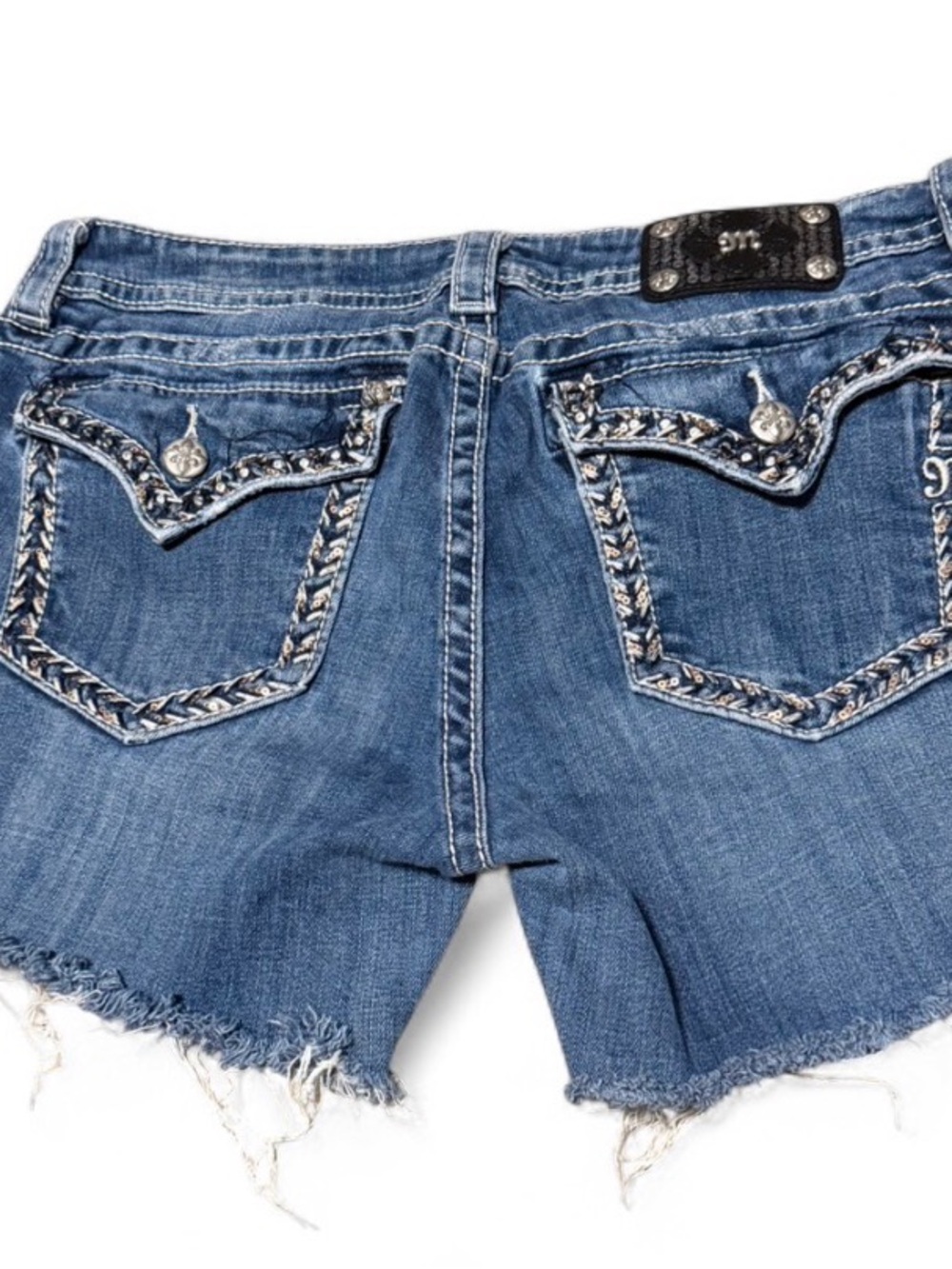 Vintage Miss Me Embellished Sequined Pocket Y2K Denim Cut Off Shorts